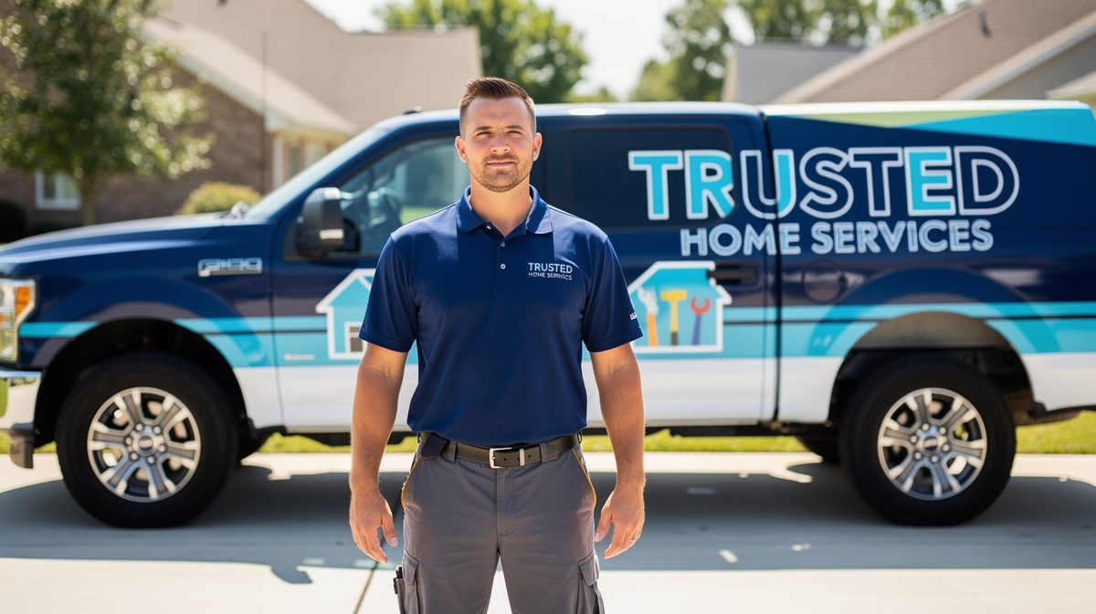 Male contractor in navy polo stands before branded "Trusted Home Services" blue work truck in suburban driveway.
