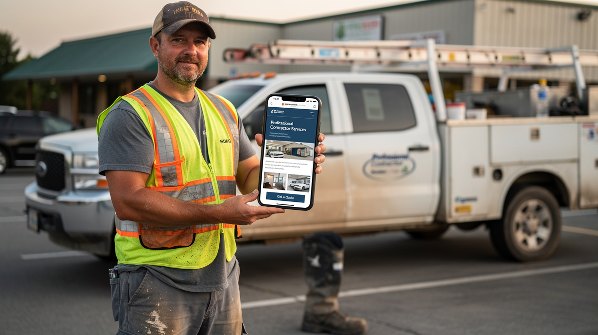 Contractor in safety vest holds smartphone displaying "Professional Contractor Services" website, work truck visible behind him.