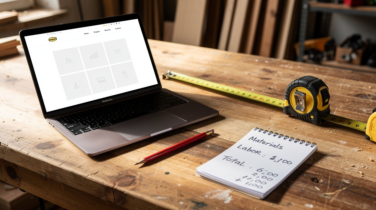 Contractor's workbench with MacBook showing website layout, handwritten cost notepad listing materials and labor, and tape measure.