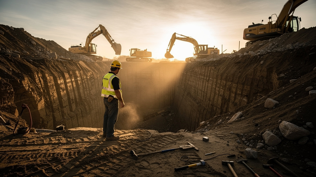 Contractor in hi-vis vest surveys deep excavation pit at golden sunrise, excavators operating above on rim.