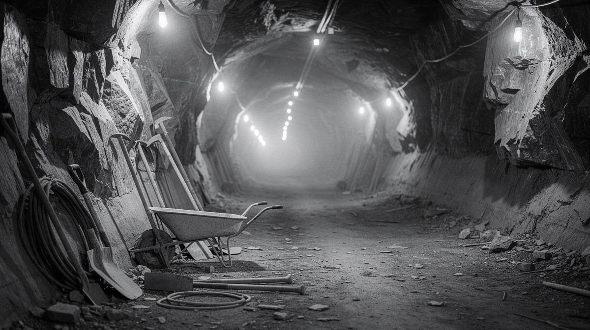 Black-and-white mine tunnel with hanging bulbs, wheelbarrow, shovels, and pickaxes leaning against rough stone walls.