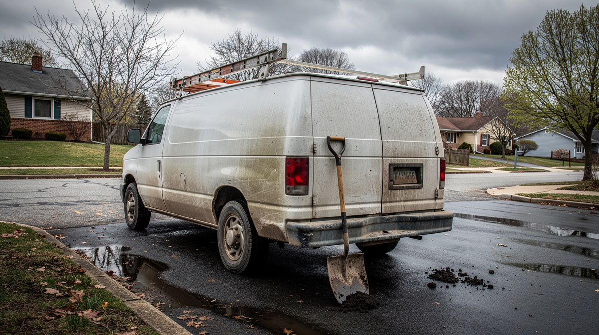 Muddy white contractor work van with roof ladder rack and shovel leaning against rear bumper on wet suburban street.