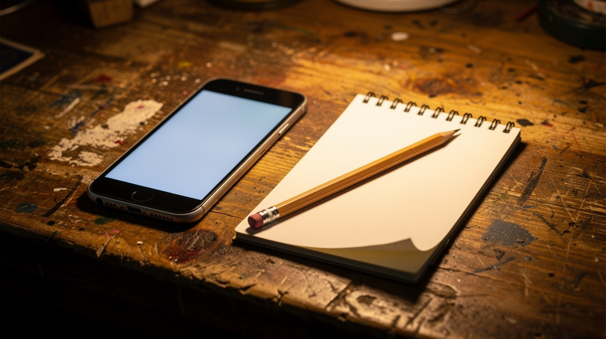 Smartphone and notepad with pencil on a rustic wooden desk, ready to take notes for contractor services in NJ.