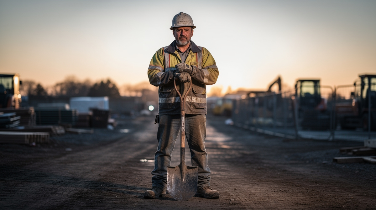 Construction worker in safety gear leaning on shovel at job site during golden hour, symbolizing skilled contractor craftsmanship.
