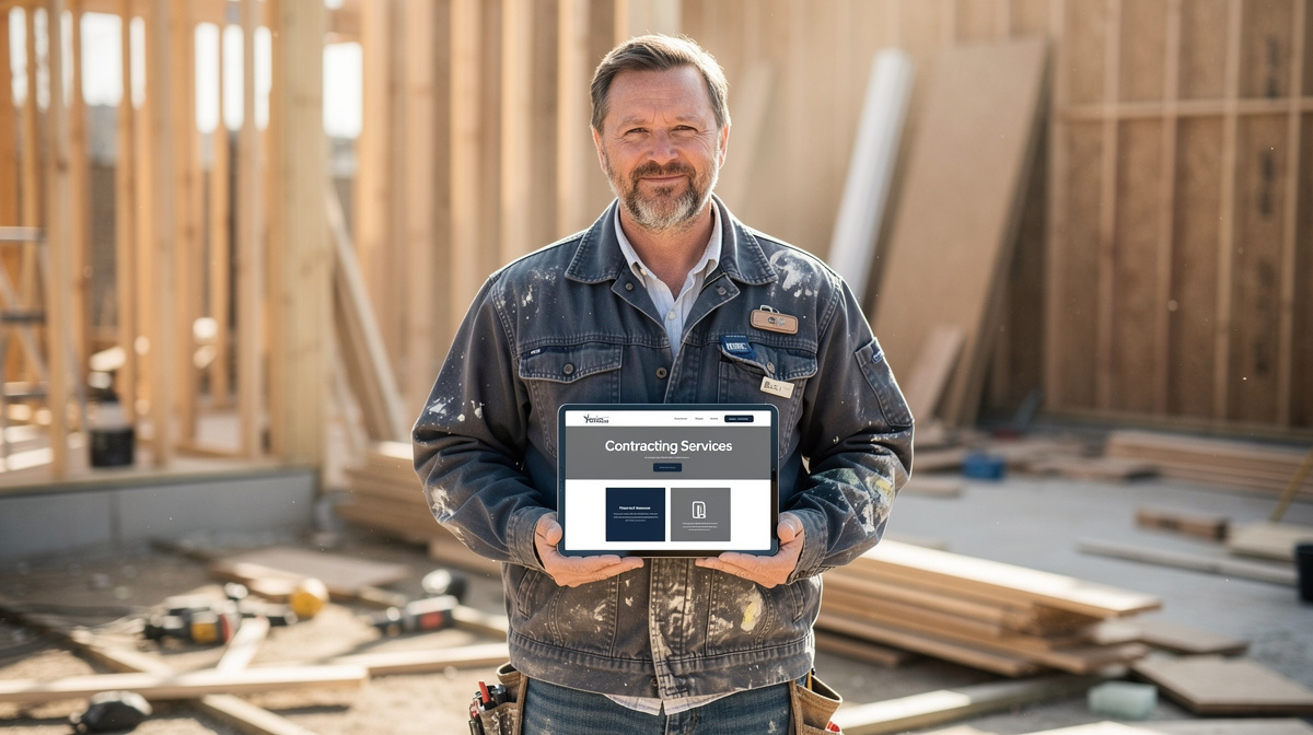 Smiling contractor in work jacket holds tablet displaying "Contracting Services" website at a wooden-framed construction site.