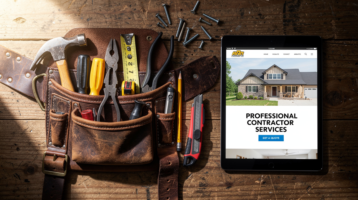 Leather tool belt with hammer, pliers, and tape measure beside a tablet displaying a contractor services website.