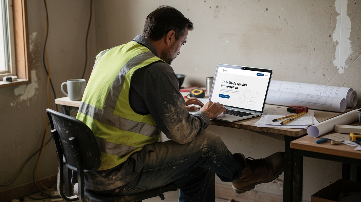 Contractor in yellow safety vest reviews business website on laptop at worksite desk with blueprints and tools nearby.