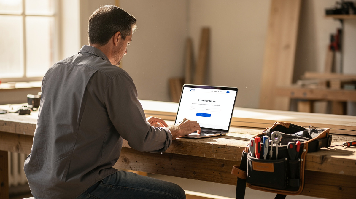 Contractor at wooden workbench using laptop beside tool bag, reviewing home services website in workshop setting.