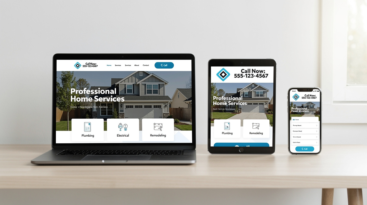 Responsive WordPress website for home services contractor displayed on laptop, tablet, and smartphone devices.